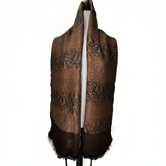 Vintage YSL Scarf Brown Unisex 100% Wool Logo Luxury Designer Ombré Neck Warmer - Picture 1 of 9
